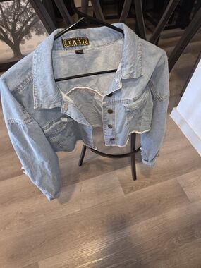 TAXI Light Wash Cropped Denim Fringe Jacket Size XL